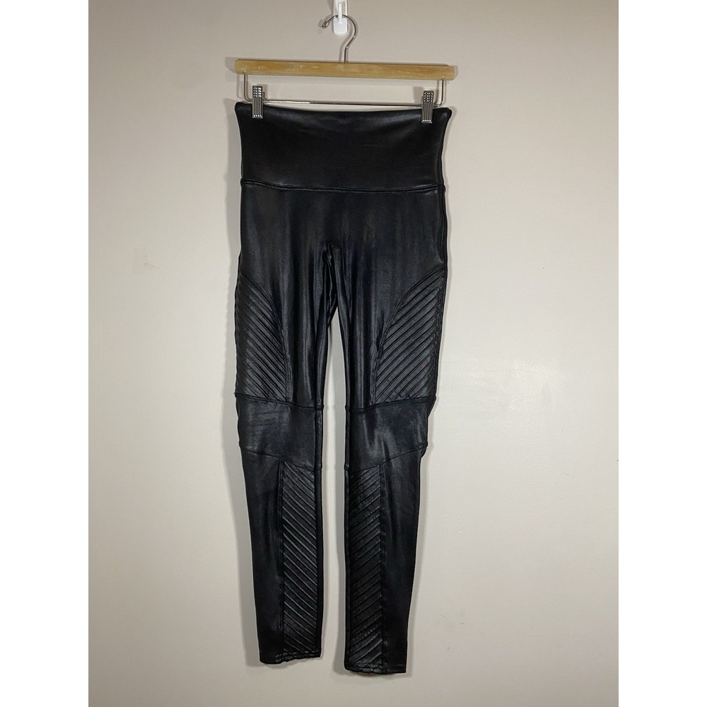 Spanx‎ Pants Womens Large Black Faux Leather Moto Legging Pull On Stretch Ribbed